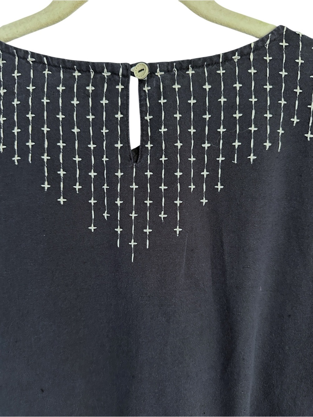 GUDRUN SJODEN Navy Linen Blend Embroidered Dress Scandinavian Lagenlook Pocket M - Picture 6 of 13
